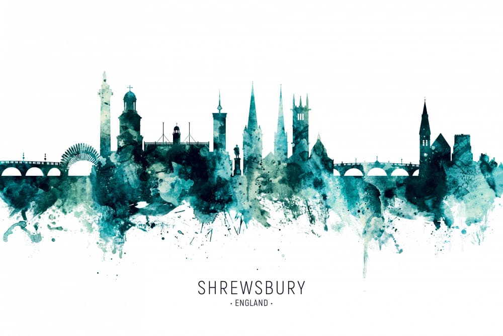 Shrewsbury Teal Watercolor Skyline by Michael Tompsett — canvas wall art