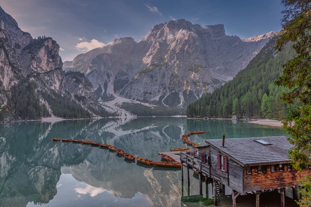Mountain Lake Boathouse by erwin hodister — canvas wall art