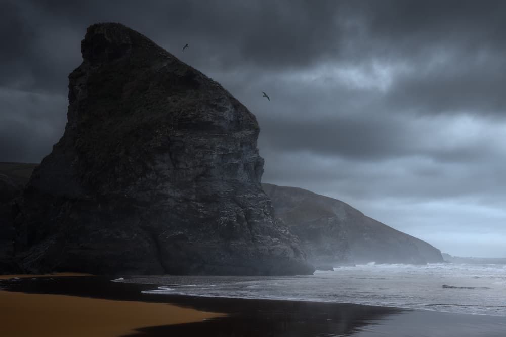 Moody Sea Stack Beach by Milos Lach — canvas wall art