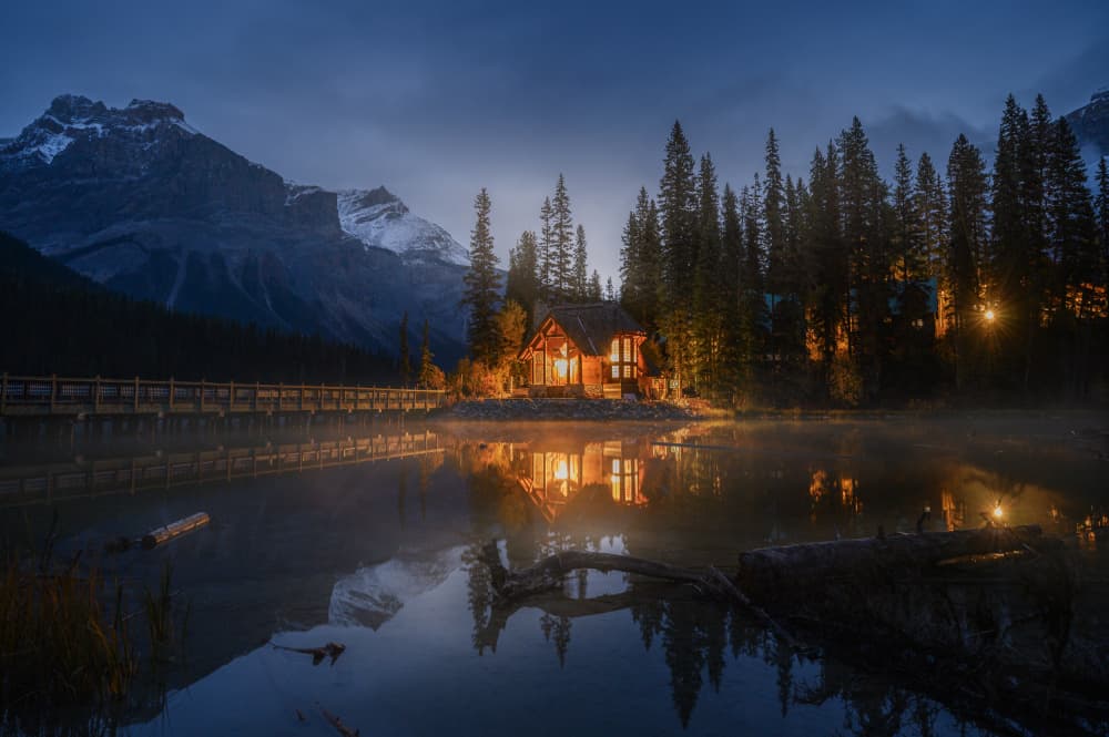 Mountain Lake Cabin Glow by David Martin Castan — canvas wall art