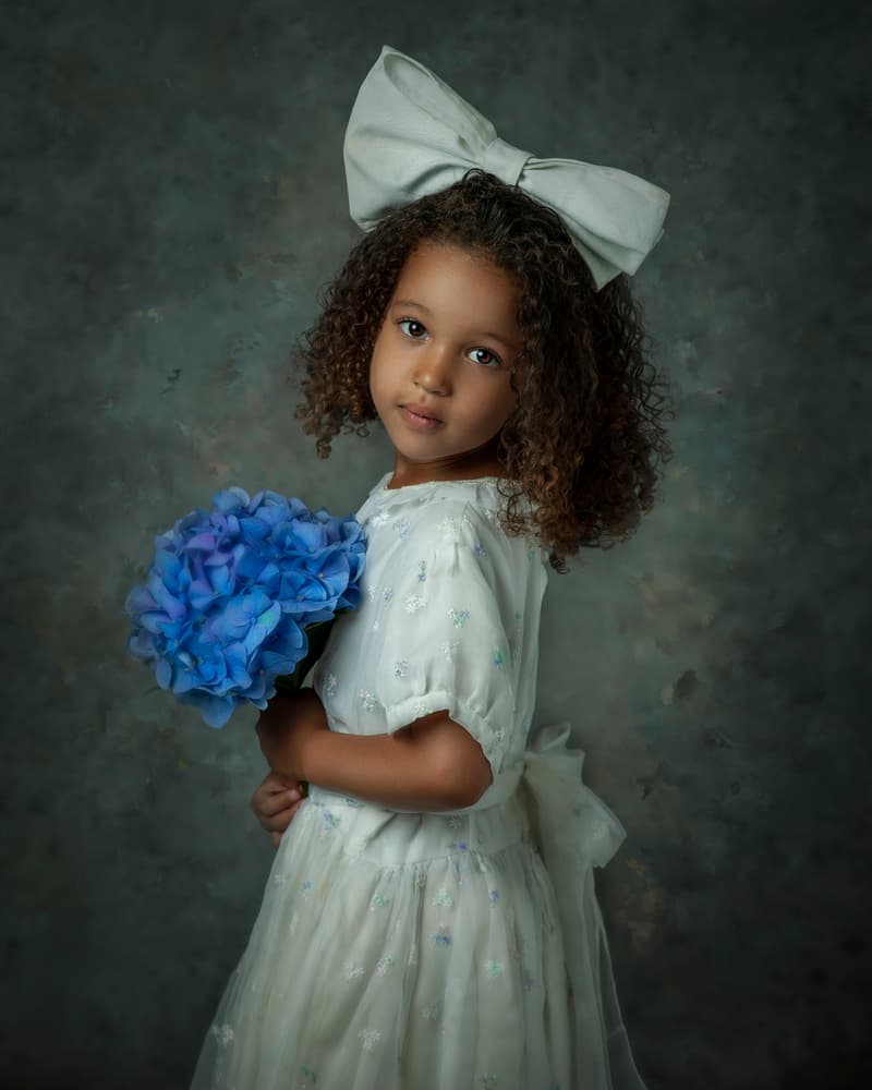 Little Girl Blue Hydrangeas by Monika Vanhercke — canvas wall art