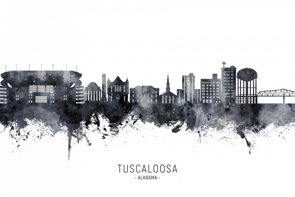 Tuscaloosa Alabama Watercolor Skyline by Michael Tompsett — canvas wall art
