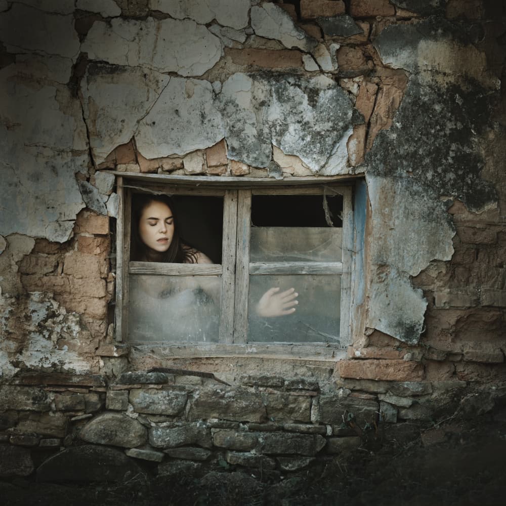 Pensive Woman Old Window by Raluca Arhire — canvas wall art