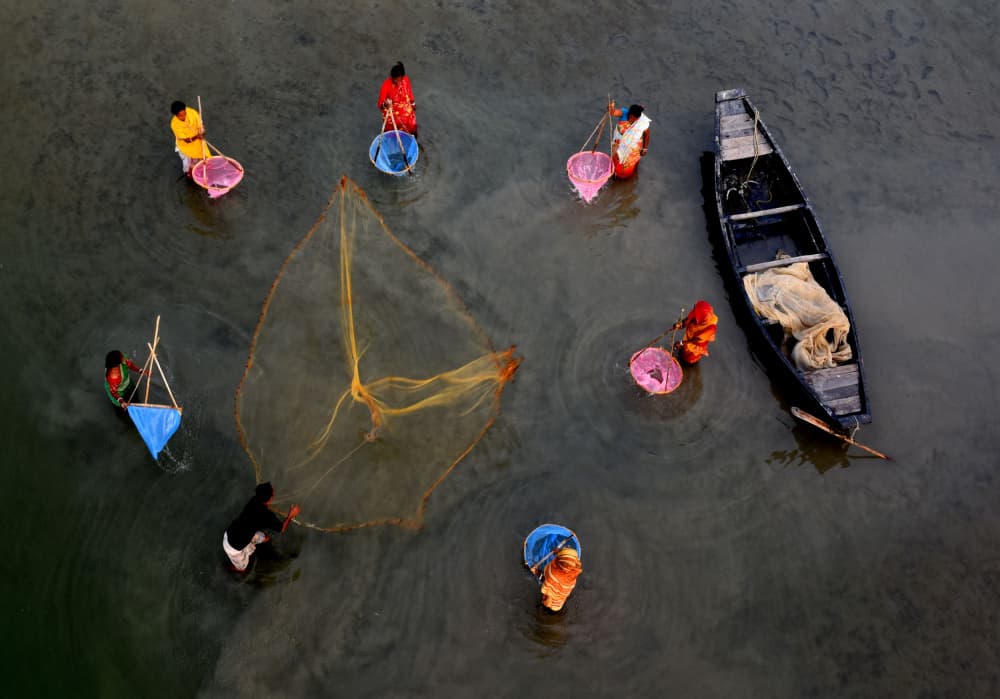 Overhead River Fishing by Moumita Mondal — canvas wall art