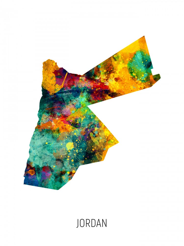 Jordan Colorful Watercolor Map by Michael Tompsett — canvas wall art