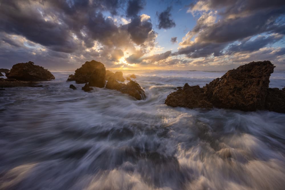 Dramatic Sunset Ocean Rocks by Azriel Yakubovitch — canvas wall art