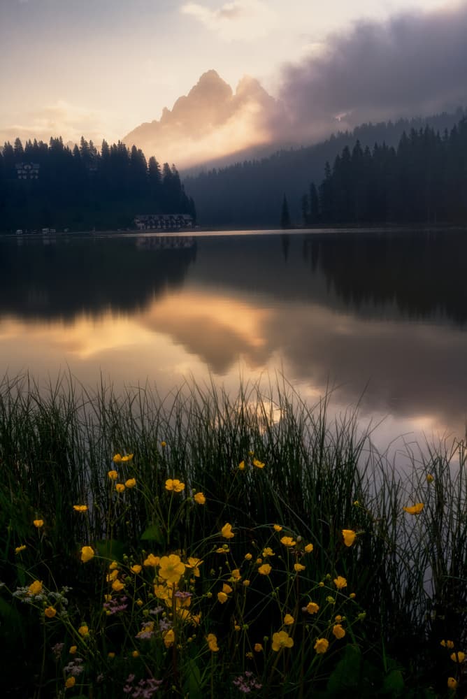 Misty Alpine Lake Flowers by Yongnan Li (李永男) — canvas wall art