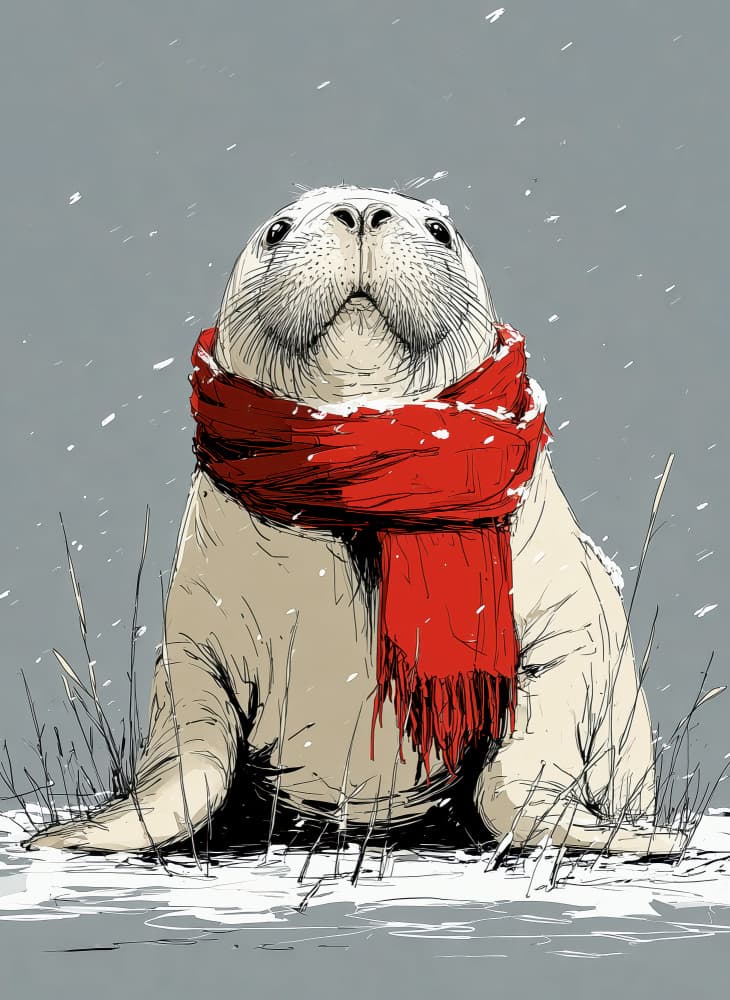 Snowy Seal Red Scarf by Justyna Jaszke — canvas wall art