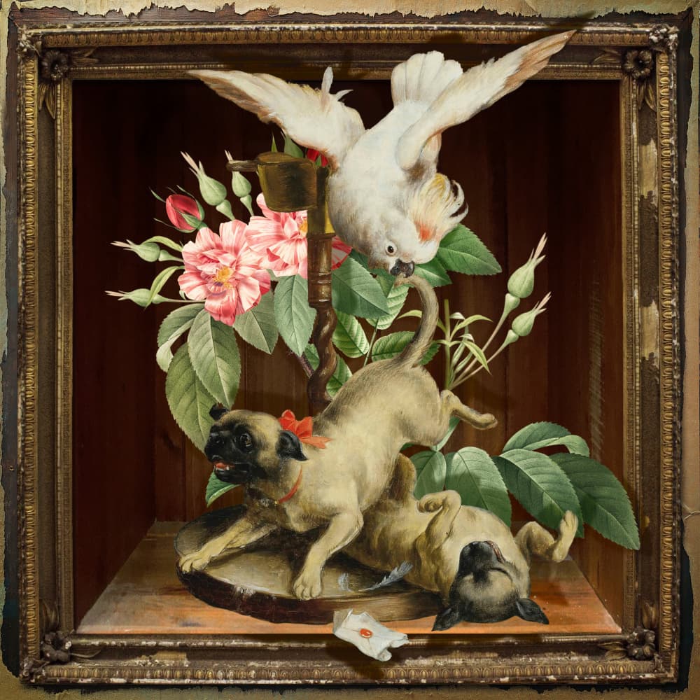 Playful Pugs and Cockatoo by Marja van den Hurk — canvas wall art