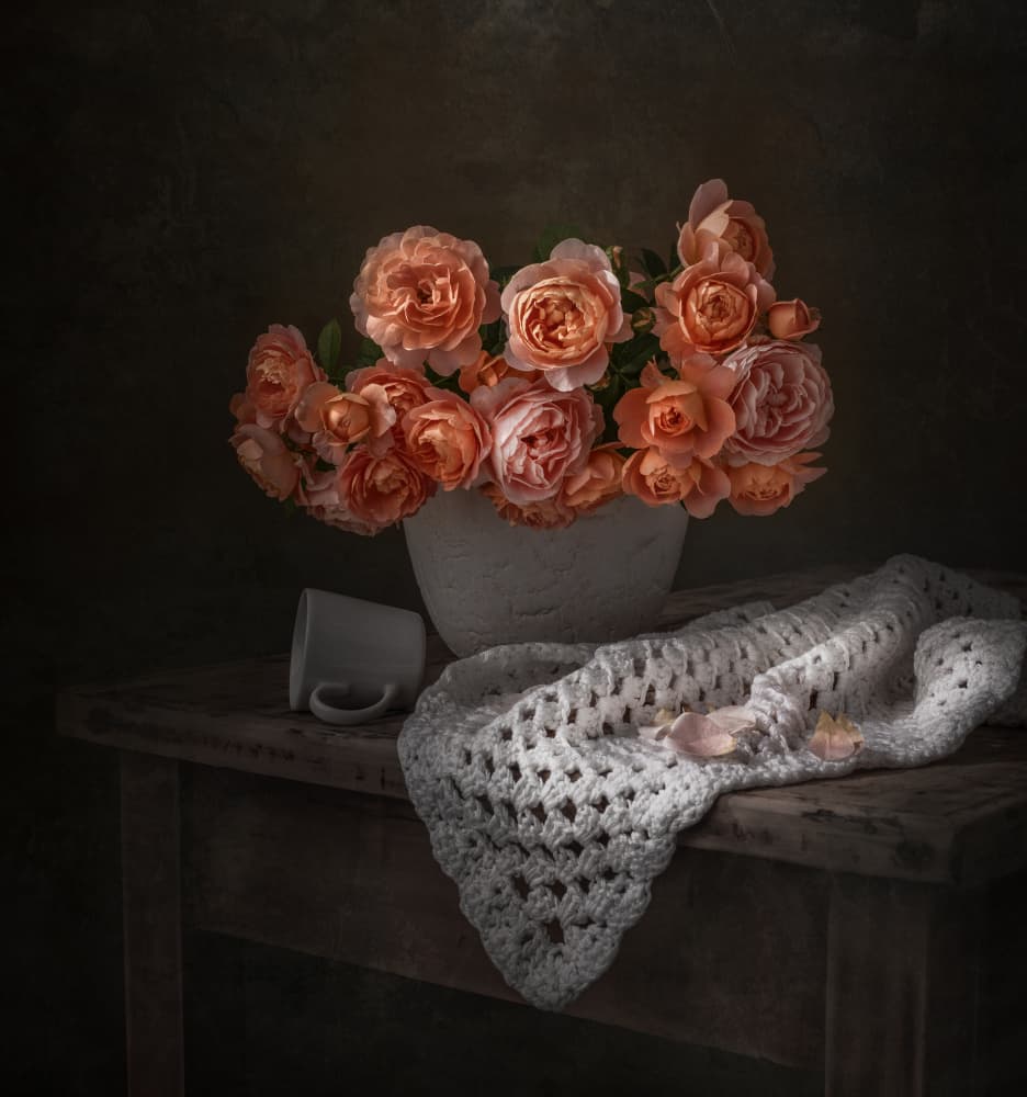 Moody Peach Rose Bouquet by Margareth Perfoncio — canvas wall art