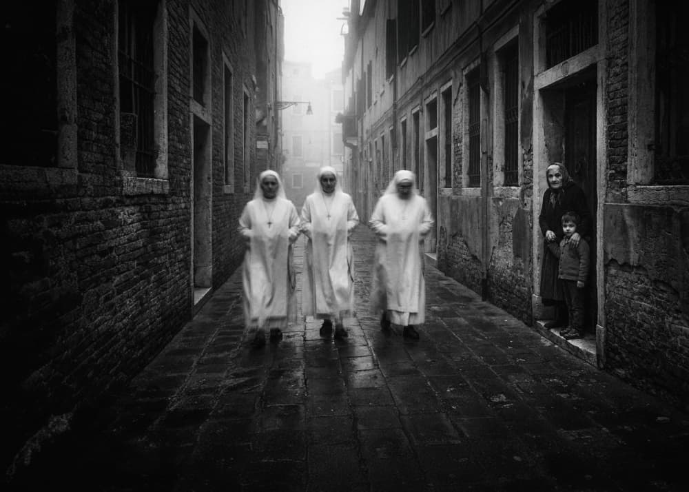 Nuns In Misty Alley by Holger Droste — canvas wall art