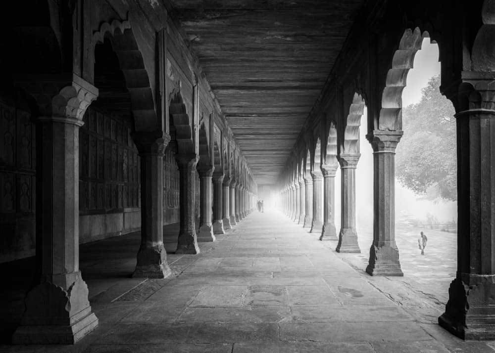 Misty Temple Corridor by Nilendu Banerjee — canvas wall art