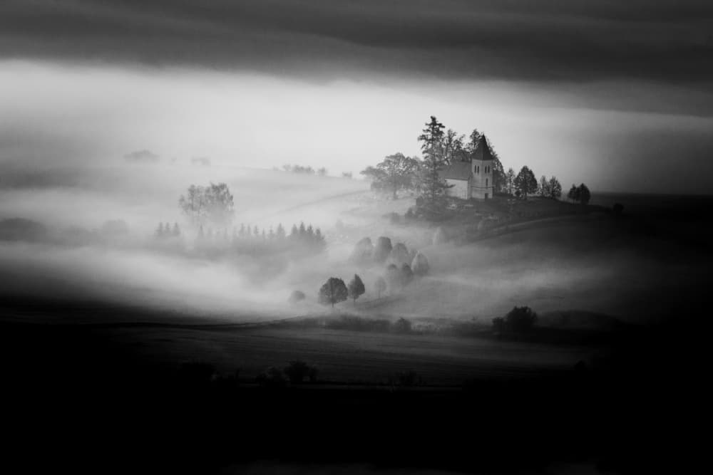 Misty Hilltop Church by Rado Gadoczi — canvas wall art
