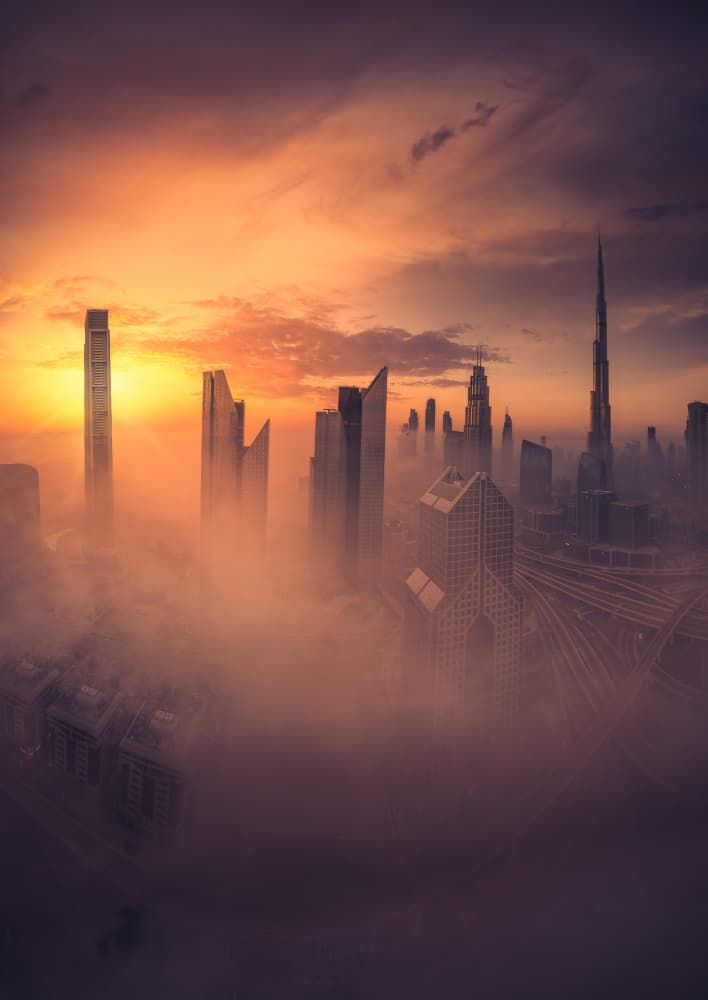 Golden City Above Fog by joanaduenas — canvas wall art