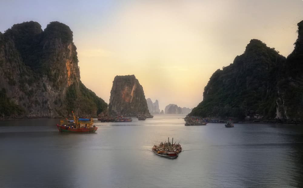 Misty Island Bay Boats by Yuan Su — canvas wall art