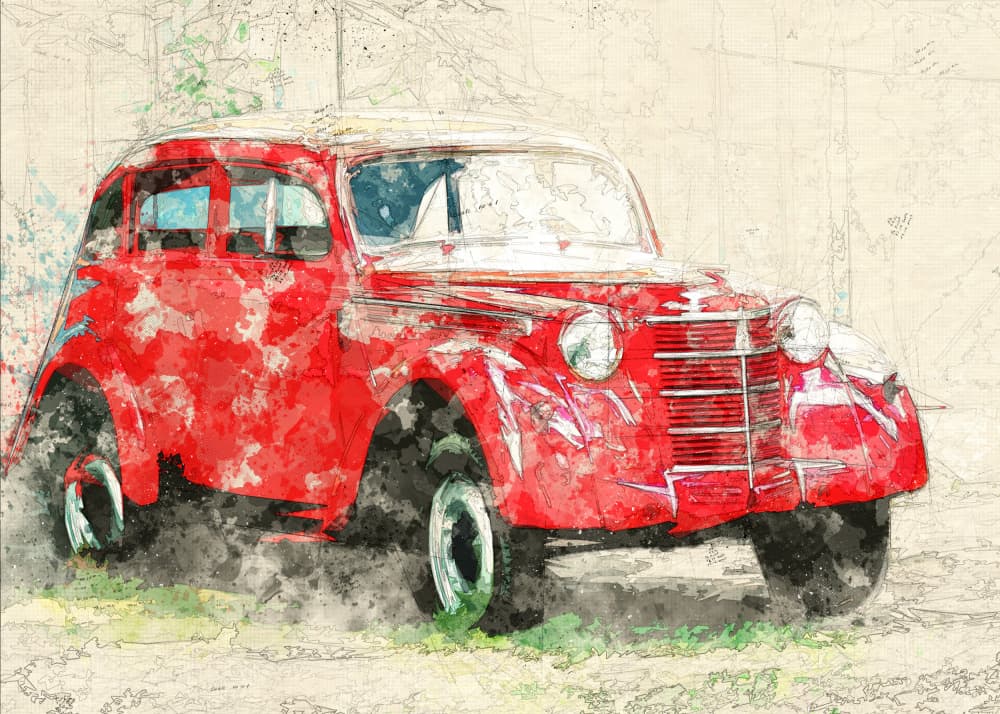 Red Old CAr by Lembayung senja studio [Vintage Poster] — canvas wall art