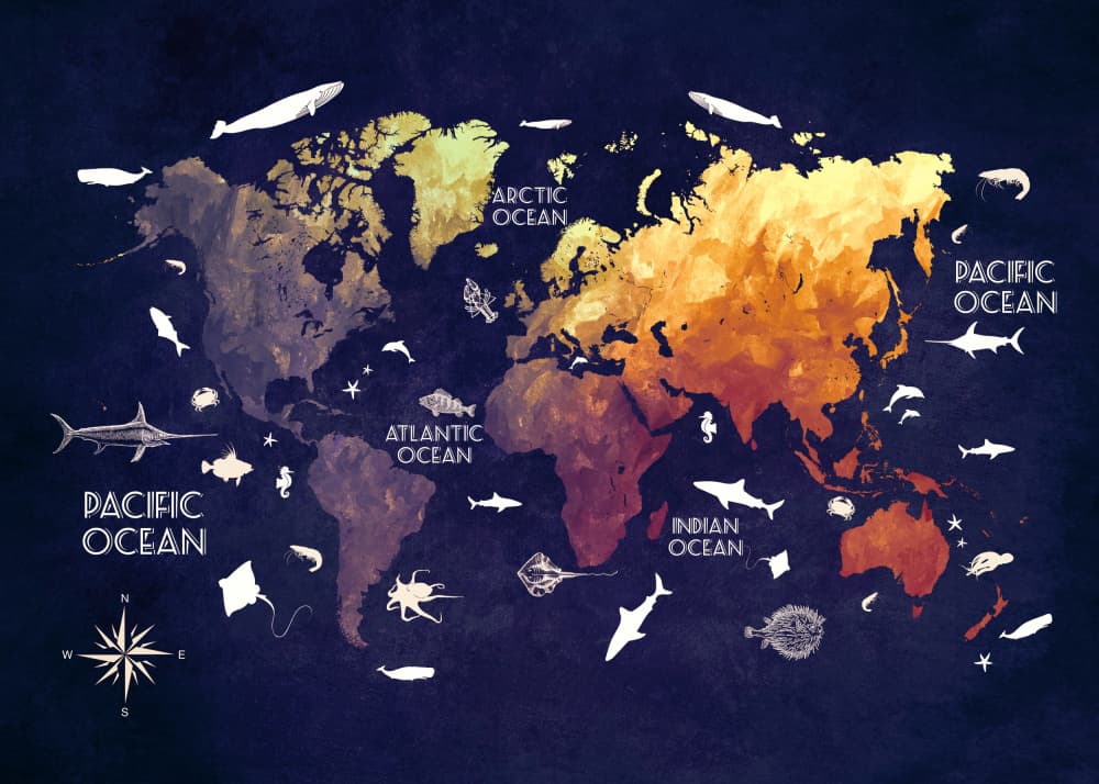 Vibrant World Oceans Map by Justyna Jaszke — canvas wall art