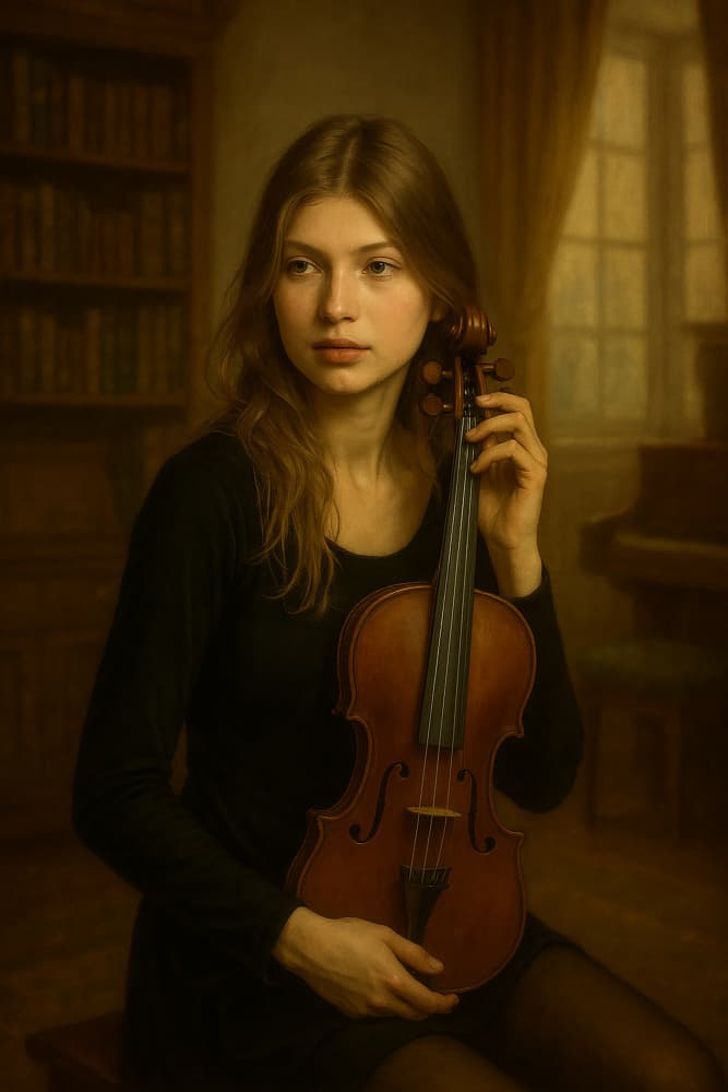 Thoughtful Woman with Violin by Ionel Onofras — canvas wall art