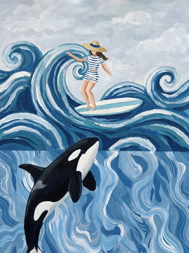 Surfer Girl and Orca by HUGO — canvas wall art