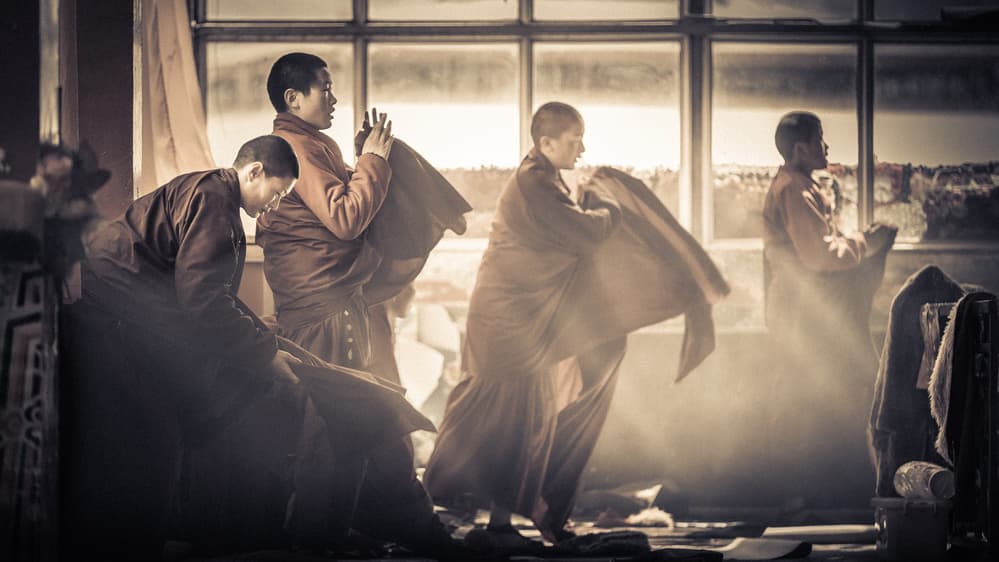 Monks in Morning Light by qiye — canvas wall art