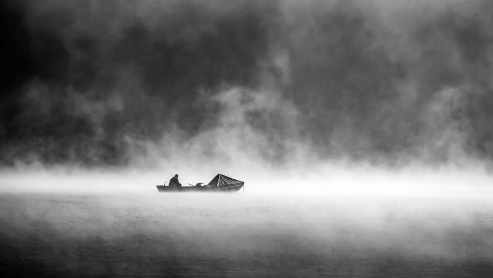 Lone Boat In Fog by Burim Muqa — canvas wall art