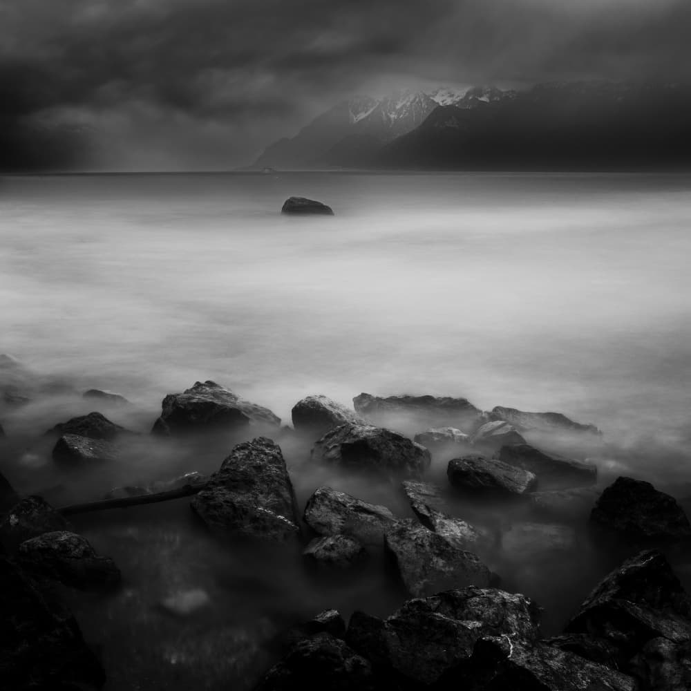 Moody Mountain Lake by VéroniqueS — canvas wall art