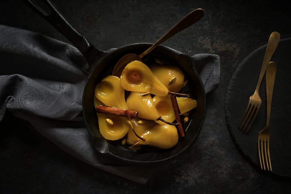 Moody Poached Pears by Diana Popescu — canvas wall art
