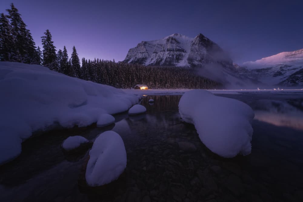 Twilight Mountain Lake Cabin by Yongnan Li (李永男) — canvas wall art