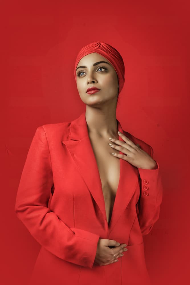 Bold Red Fashion Portrait by PARTHA BHATTACHARYYA — canvas wall art