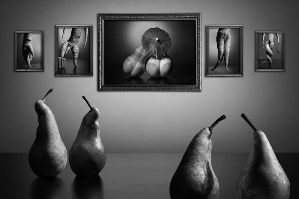 Pears Observing Art by Victoria  Glinka — canvas wall art