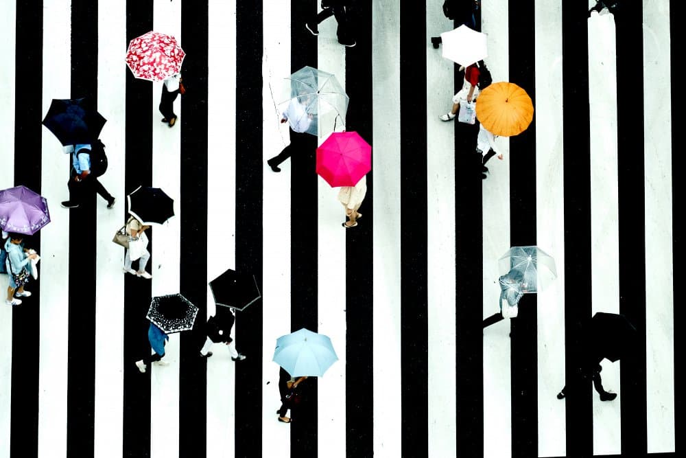 Colorful Umbrellas Crosswalk by Makoto Nishikura — canvas wall art