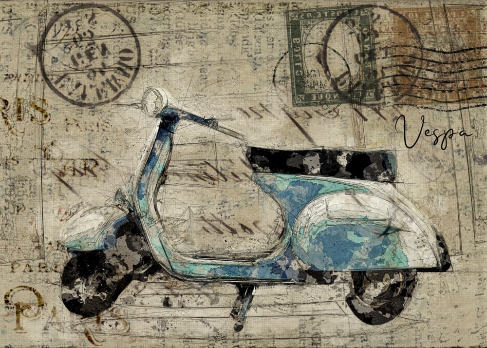 Vintage Vespa Postcard by Lembayung senja studio [Vintage Poster] — canvas wall art