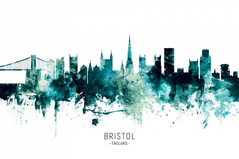 Bristol Watercolor Skyline by Michael Tompsett — canvas wall art