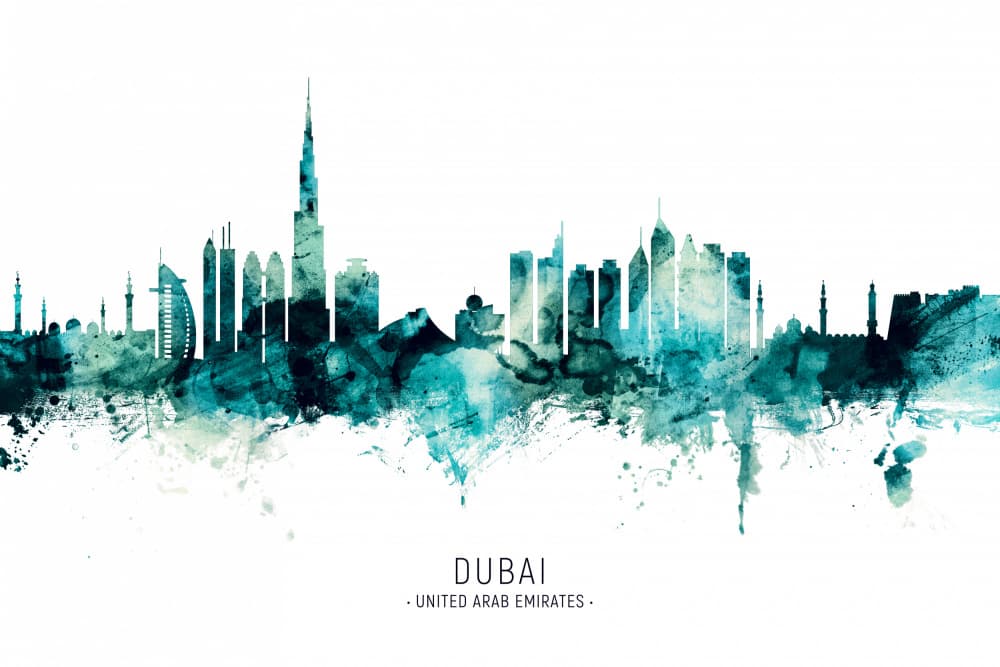 Dubai Watercolor Skyline by Michael Tompsett — canvas wall art