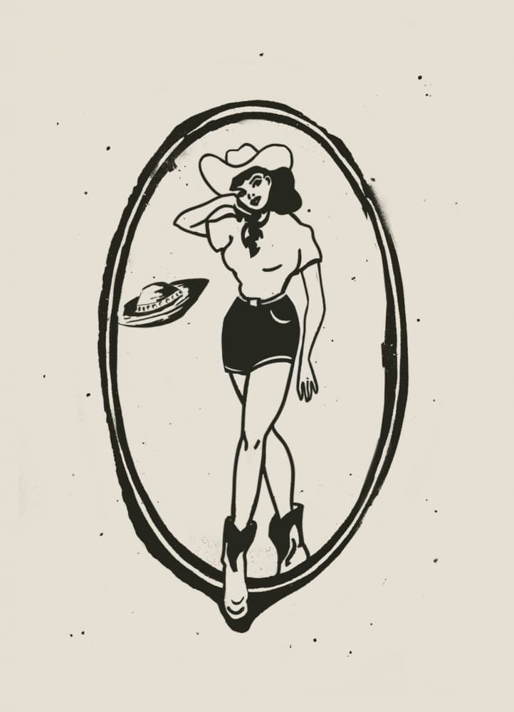 Pinup Cowgirl and UFO by Dion Gem — canvas wall art