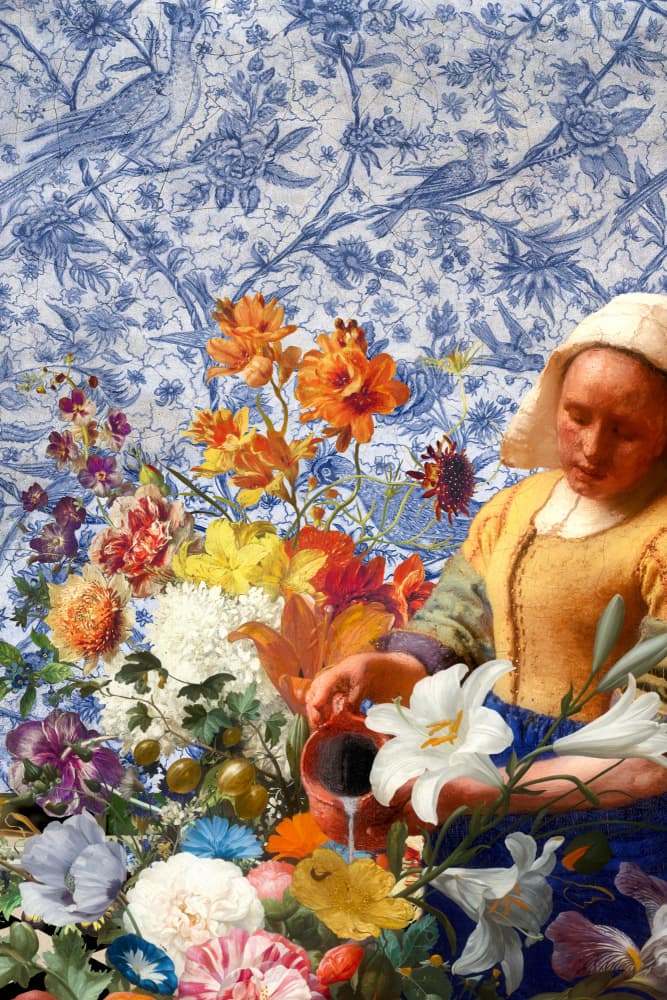 Woman Watering Blue Garden