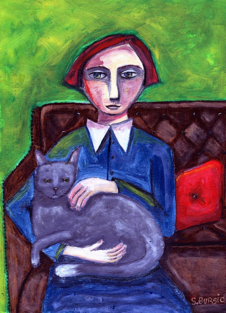 Pensive Woman and Cat by Sharyn Bursic — canvas wall art