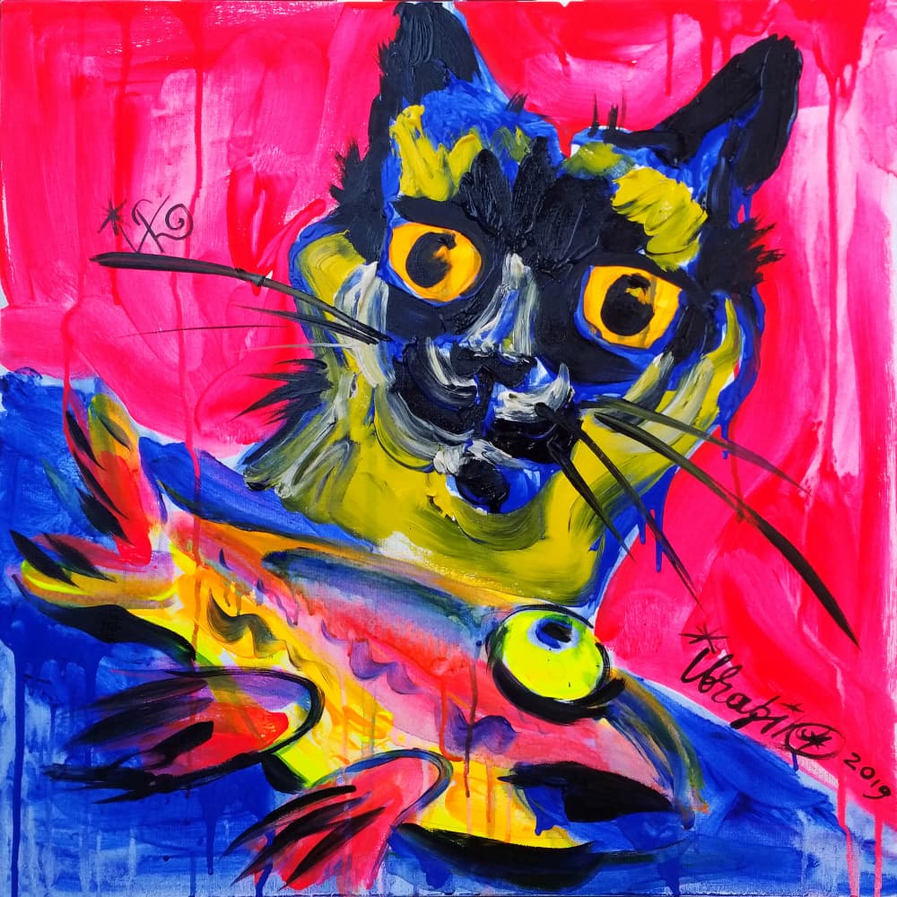 Expressive Cat and Fish by Kanat Ibragimov — canvas wall art