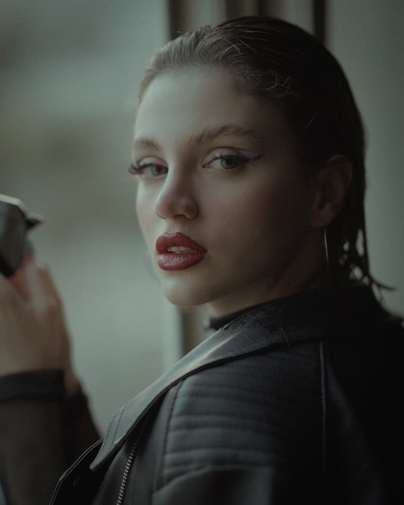 Red Lips Leather Gaze by Behrouz Sasani — canvas wall art