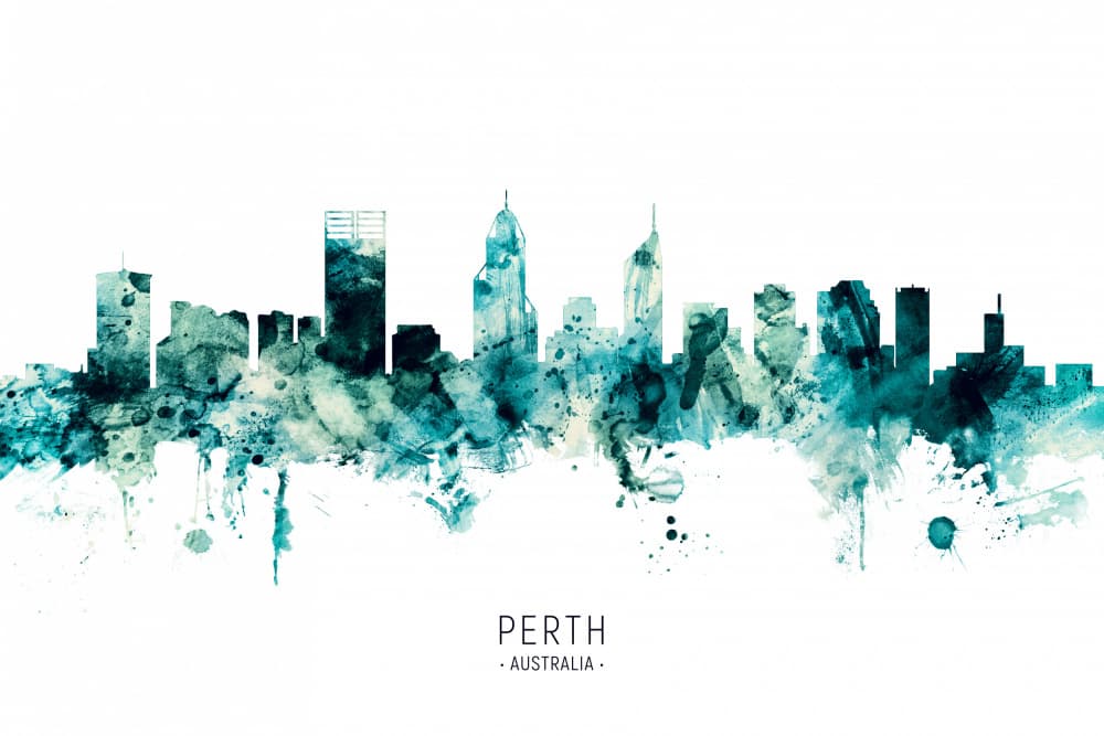Perth Watercolor Skyline by Michael Tompsett — canvas wall art