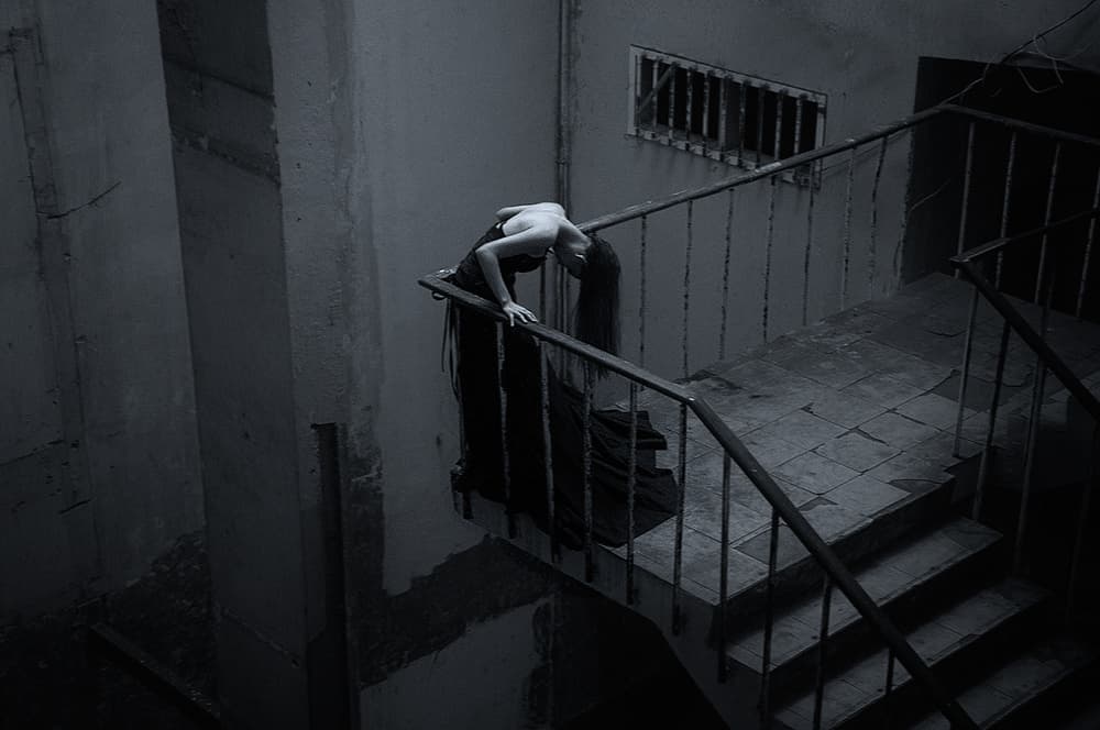 Dramatic Stairway Woman by Joey Bangun — canvas wall art