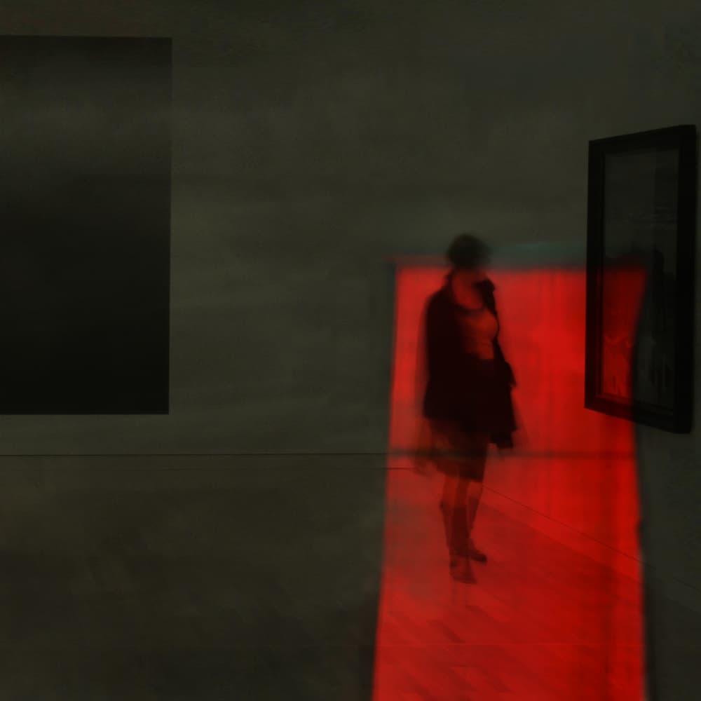 Red Lit Gallery Figure by Rudi Jacobs — canvas wall art