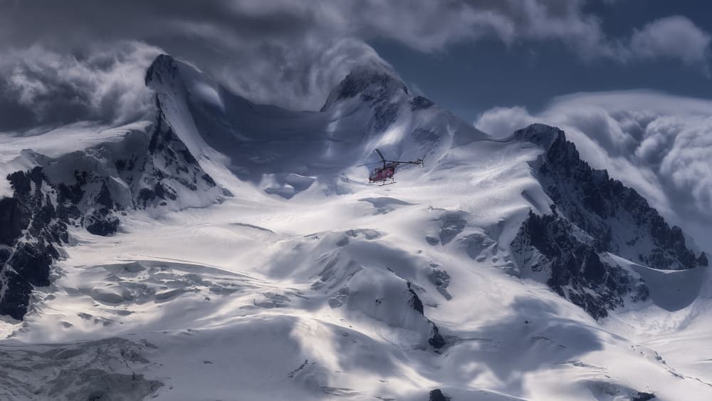 Red Helicopter Alpine Peaks by Oskar Baglietto — canvas wall art