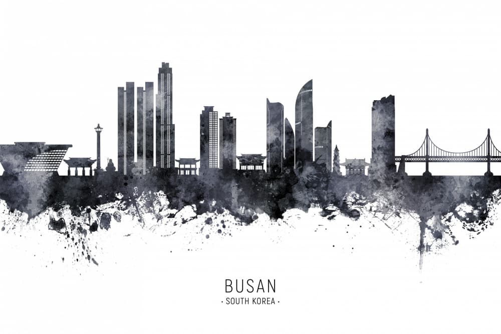 Busan City Skyline Watercolor by Michael Tompsett — canvas wall art