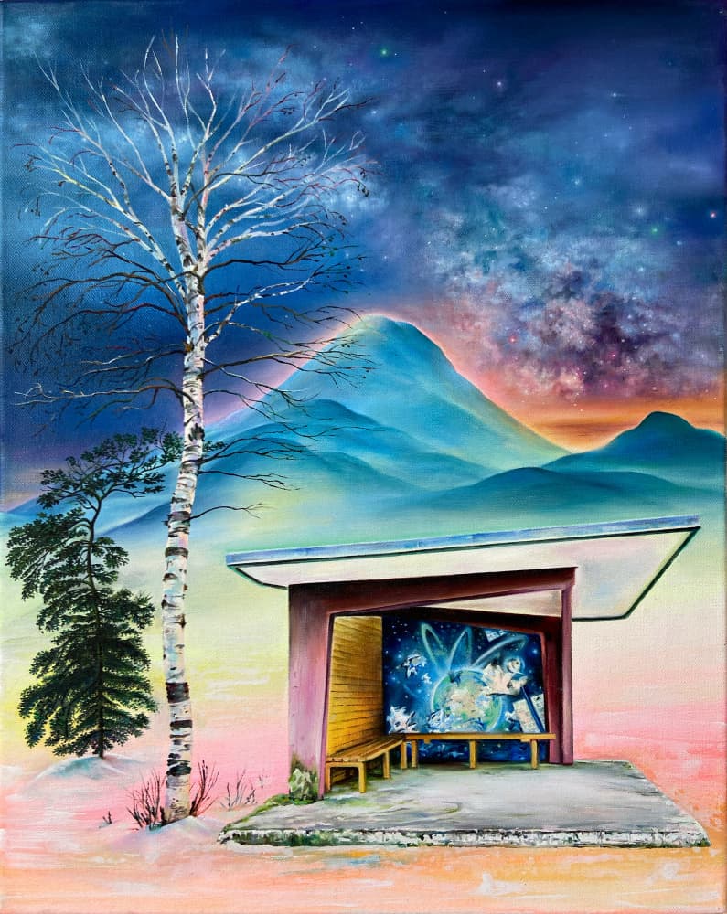 Magical Night Bus Stop by Anne Wölk — canvas wall art