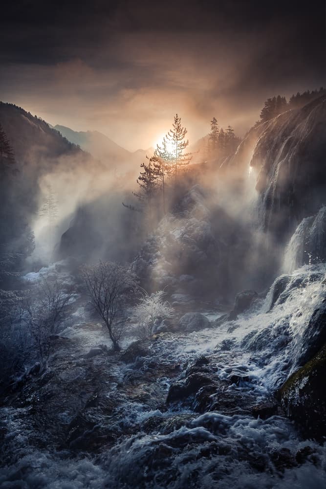 Sunlit Misty Mountain Falls by qiye — canvas wall art