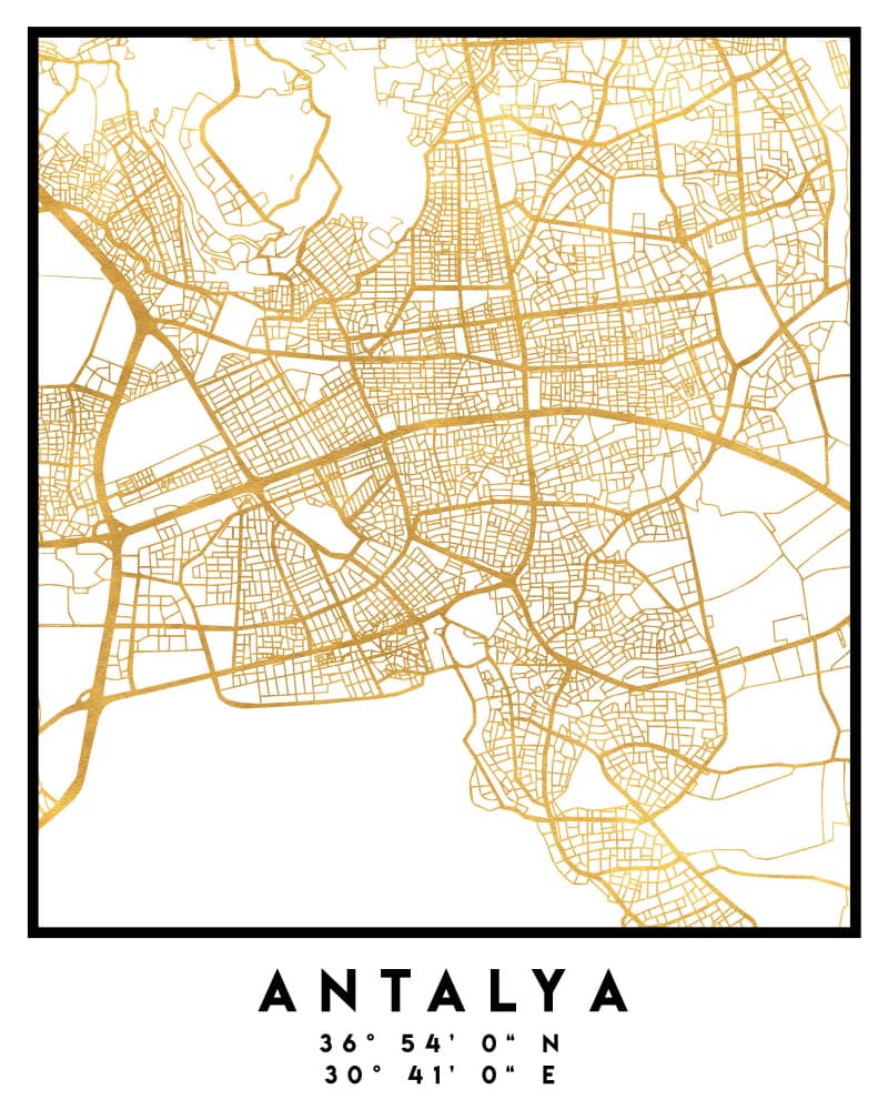 Gold Antalya City Map by Emiliano Deificus — canvas wall art