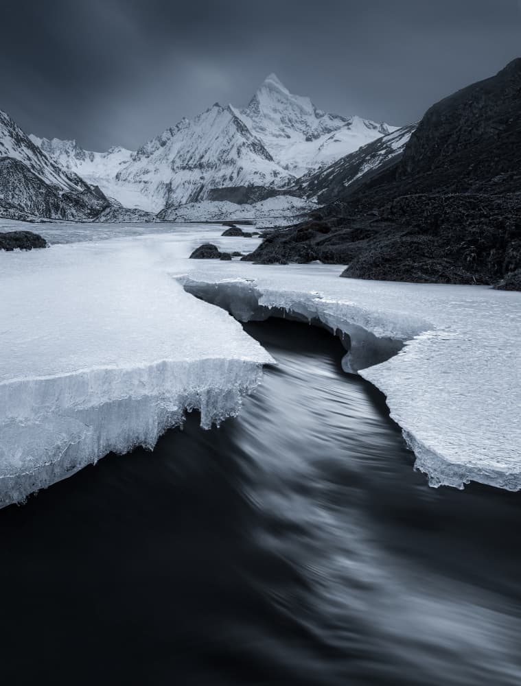 Winter River Mountain Peak by NingYun Ye — canvas wall art
