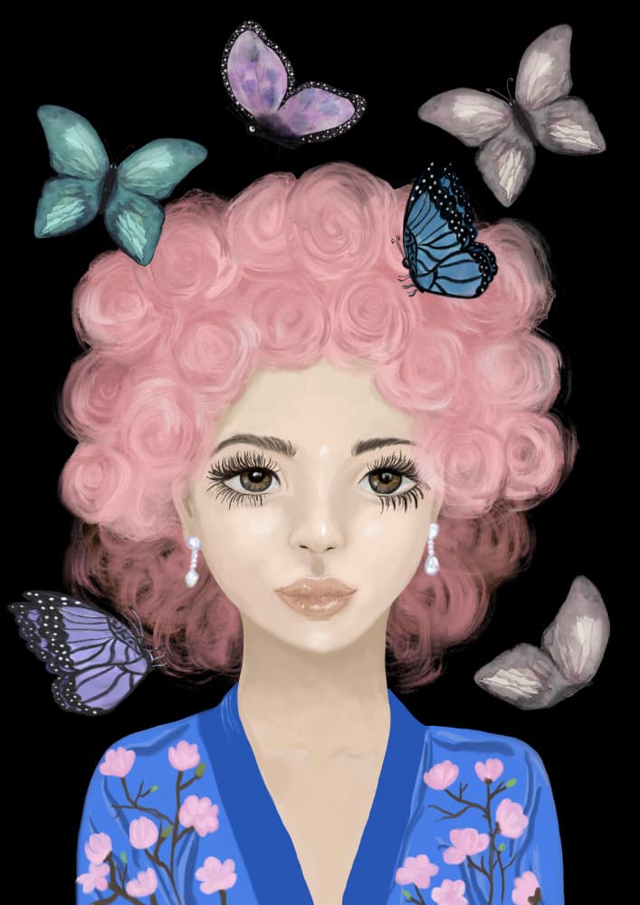 Pink Hair Butterfly Portrait by Monica Lindblom — canvas wall art