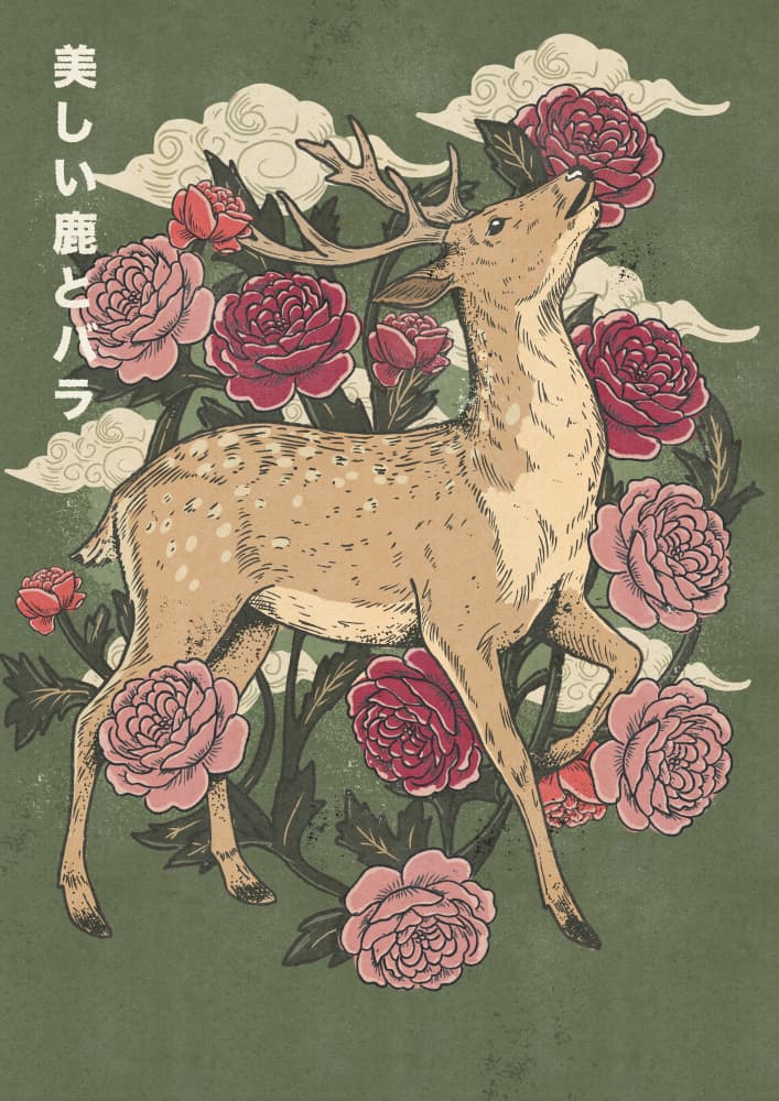 Graceful Deer and Roses by Nicholas — canvas wall art